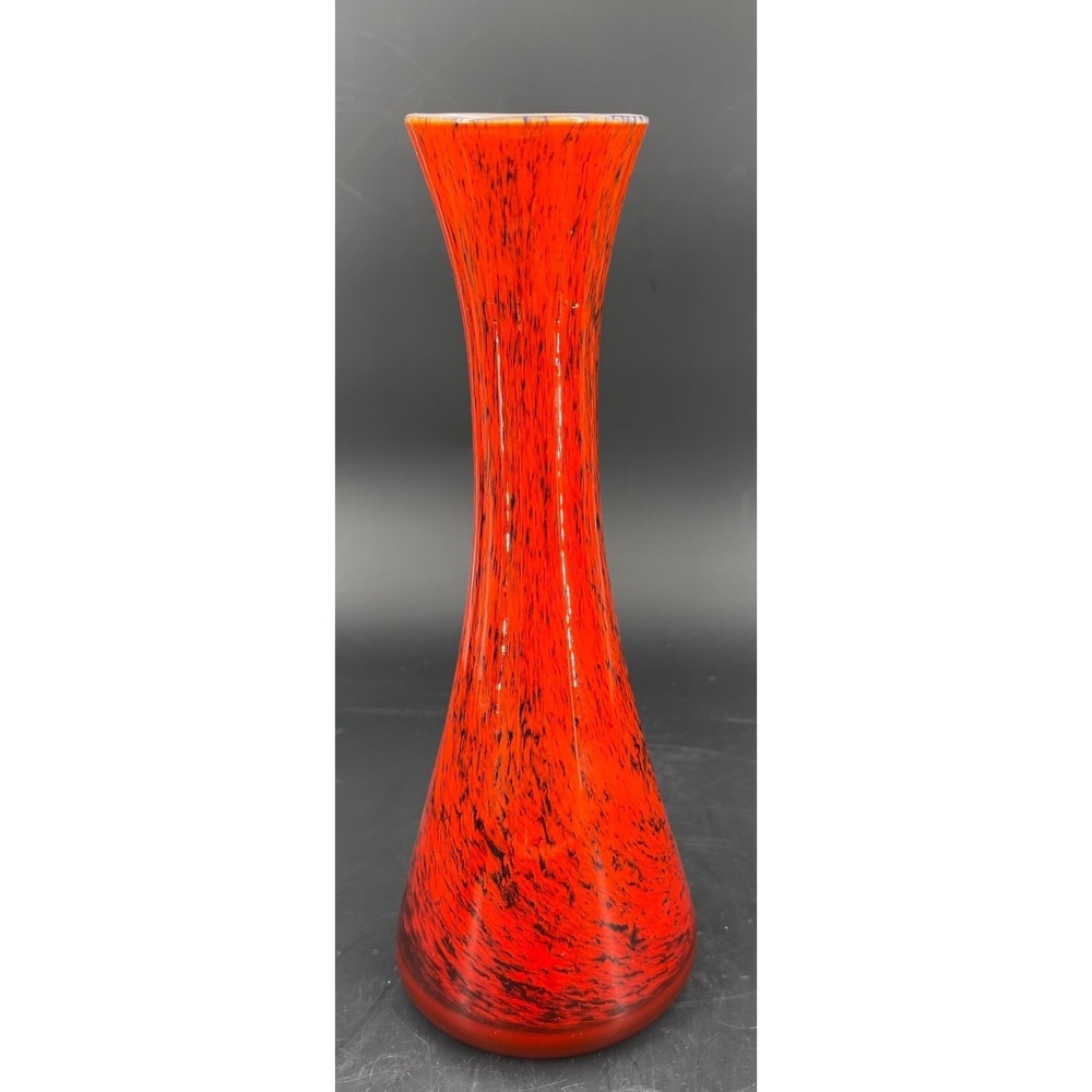 Vintage Orange Art Glass Vase Black Swirl UV Reactive Hand Blown Style 9.25"